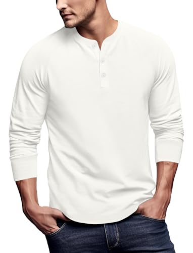 Zengjo Mens Henley Shirts Long Sleeve(Off White,S)