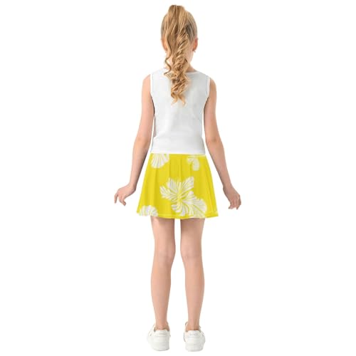 Joisal White Hibiscus Flowers Yellow Kids Tennis Skirts Flowy Girls' Shorts Athletic Skorts Pleated Skort 4t4