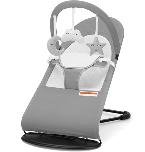 Baby Rocker Bouncer with Removable -Toy Bar 3-Stage Baby Rocking Chair Swing Chair Recliner Seat Max Weight 9kg Ultra Light Weight 3-point safety belt One Fold Button Anti Skid (Light Grey)