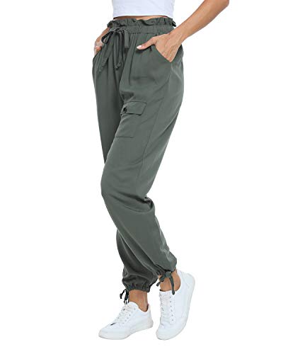 andy & natalie Women\'s Elastic Waist Cargo Drawstring Pants Paper Bag Pockets Ankle Tie Jogger Sweatpants Trouser Green