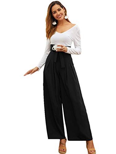 Sweatyrocks Women's Casual High Waist Belted Wide Leg Pants With Pocket Black M #TOP3