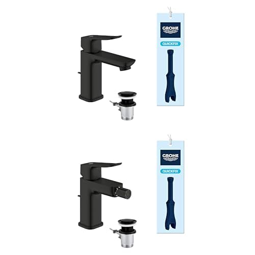 GROHE Dice Set Rubinetto miscelatore per lavabo + Rubinetto miscelatore per bidet con piletta click-clack, nero opaco, 1018562430 +1018772430