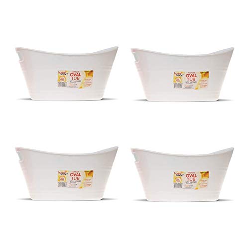 Oval plastic storage tubs with handle - Small size: (12.8" x 9" x 6.3") - Oval plastic tub with handle - beverage and ice bin - store small items at home, classroom, beauty salon. (Pack of 4 white)