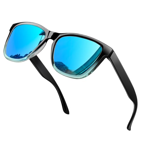 KANASTAL Polarisierte Sonnenbrille Herren Damen Klassische Retro Rechteck Sonnenbrille UV400 Schutz für Reise Wandern und Alltag, Schwarz Rahmen Verspiegelt Blaue Gläser