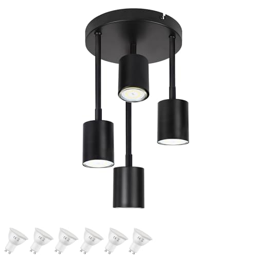 CBJKTX Deckenstrahler 4 Flammig Deckenlampe Schwarz - Schwenkbar Deckenleuchte LED 5000K GU10 Küchenlampe 350° Deckenspots Flurlampe Strahler mit 6 Lichtquellen für Küche Flur Schlafzimmer