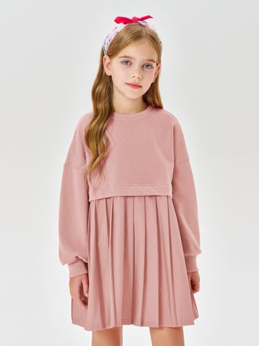 Batermoon Girls Pleated Sweatshirt Dresses Kids Fashion Long Sleeve Crew Neck Mini Dress 5-14 Years2