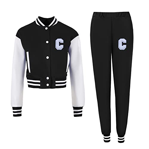 BAICAIYU Letter Print Two Piece Outfits for Women Baseball Jacket