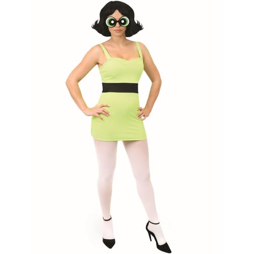 DISFRAZ OFICIAL DE POWERPUFF GIRLS BUTTERCUP CON LICENCIA. TRAJE ICÓNICO DE PERSONAJE DE DIBUJOS ANIMADOS DE LOS 90 VESTIDO VERDE, MEDIAS BLANCAS, GAFAS VERDES Y PELUCA. TALLA: PEQUEÑO