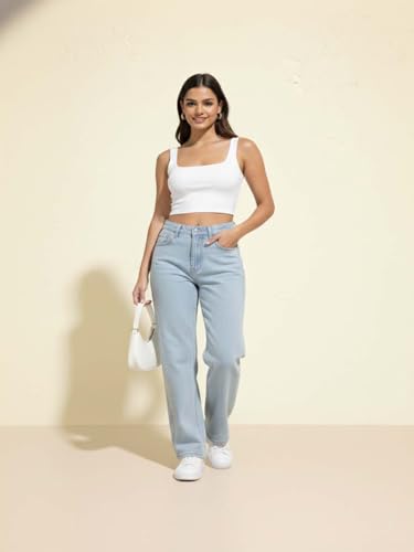 Image of KOTTY Women's High Waist Straight Fit Cotton Blend Denim Jeans|Comfortable Regular Length Casual Jeans for Women