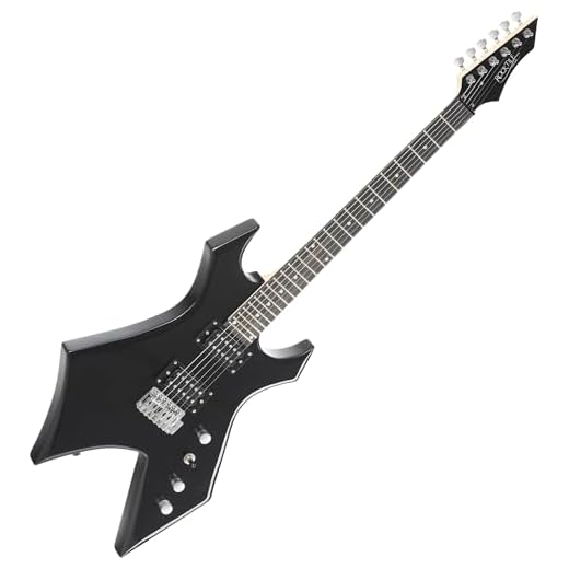 Rocktile Warhead E-Gitarra - Rocktile Heavy-Series - Cuerpo: Tilo - 2 Humbucker Pickups - 24 Trastes - Diapasón de madera dura seleccionada - Vintage String Thru Tremolo - Negro Brillante