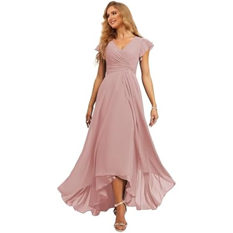 Ternlm Cap Sleeve Pleated Bridesmaid Dress for Women Long V Neck A Line Formal Dress Classic Wedding Guest Dress Dusty Rose for Wedding Guest 02 Cover