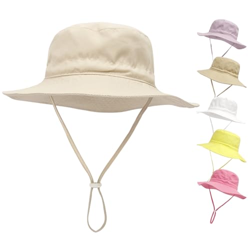 QIYIENDIAN Baby zonnehoed breed rand strand hoed Bucket Hat voor baby peuter en kinderen UPF 50+（Beige，0-12 Months）