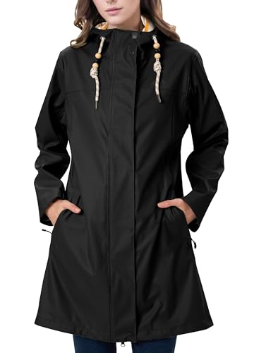 EnduaReve Regenmantel Damen Übergangsjacke PU Wasserdicht Frauen Regenjacke Lang Parka Regenparka mit Kapuze Outdoor Schwarz L