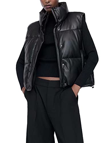 Uaneo Womens PU Leather Cropped Puffer Vest Winter Faux Leather Zip Up Sleeveless Jacket (Black, Small)