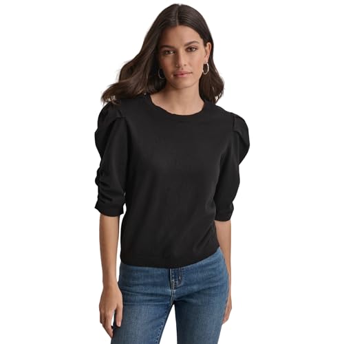DKNY Women's Elbow Sleeve Crew Neck Puff Shoulder Jeans Sweater