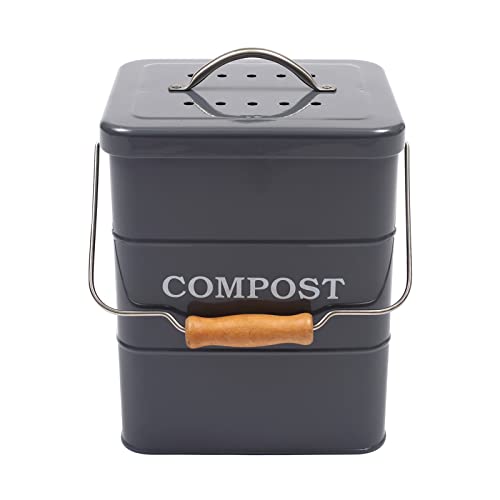 Morezi Poubelle à Compost de Cuisine 6L Composteur de Table en métal - Comprend Filtres à Charbon - Composteur Bois pour Déchets Alimentaires - Gris