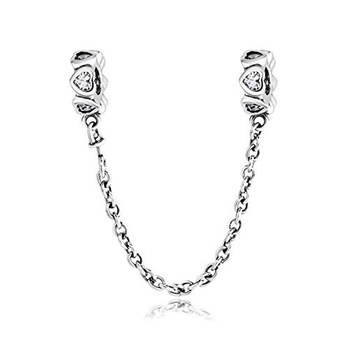 Threaded Hole Safety Chain Charm 925 Sterling Silver Stopper,Clasp, Spacer Beads fit Pandora Style Bracelet & Necklace (White Heart & Silver Safety chain)