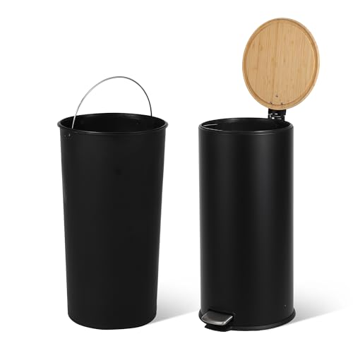 ExploreHorizon 8 Gallon/30L Step Trash Can with Soft-Close Bamboo Lid, Round Slim Stainless Steel Garbage Bin with Removable Inner Liner for Kitchen, Office, Living Room, Bathroom, Black