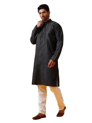Image of SOJANYA (Since 1958 Men's Silk Bend Krochet Thread Embroidered Kurta with White Pyjama