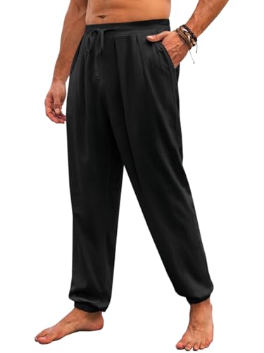 Runcati Mens Casual Pants Elastic Waist Linen Drawstring Pleated Lightweight Joggers Loose Fit Summer Beach Yoga Trousers