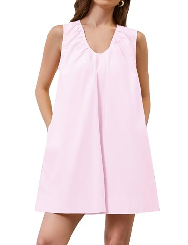 Image of OLAPTA Women Summer Sleeveless Babydoll Scoop Neck Ruched Mini Tank Dress with Pockets