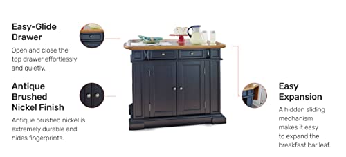 Homestyles Americana Kitchen Island With Wood Top And Drop Leaf Breakfast Bar, Storage With Drawers And Adjustable Shelves, 50 Inch Width, Black And Oak #TOP4