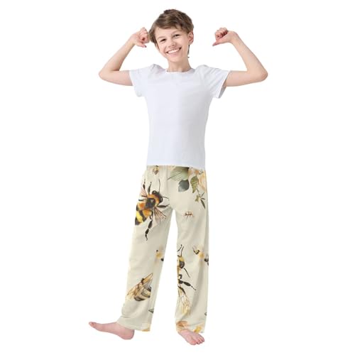 Lovely Bee Floral Boys Long Pants Soft Trousers Elastic Waist Kids Lounge Bottoms with Pockets S-XL3