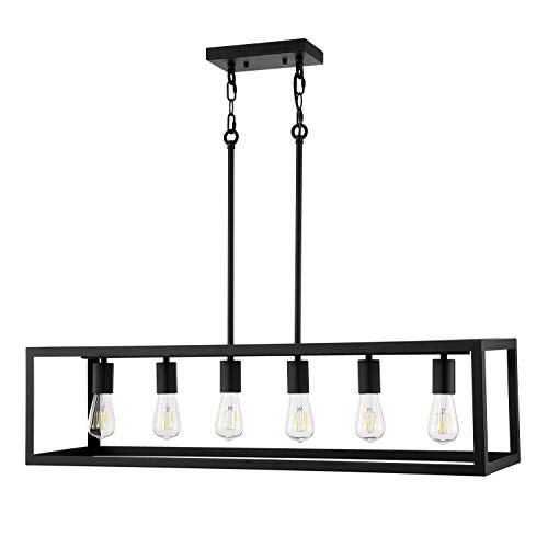 WINGBO Industrial Black Kitchen Island Pendant Light with 6-Light, Vintage Chandelier Metal Cage Ceiling Hanging Light Fixture for Barn Farmhouse Bar Living Room Hallway
