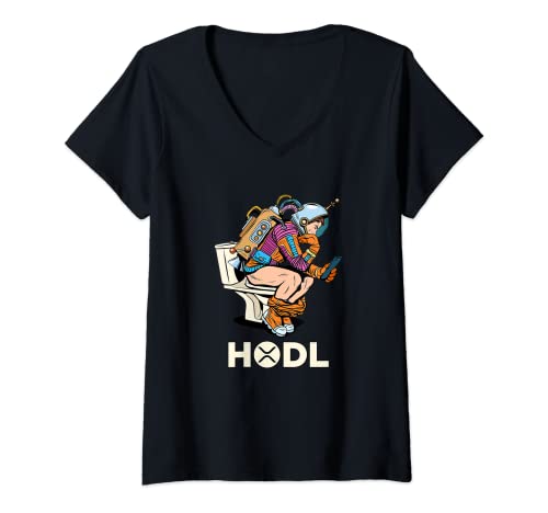 Mujer Criptomoneda Talk XRP HODL Space Man On Toilet Merch Camiseta Cuello V