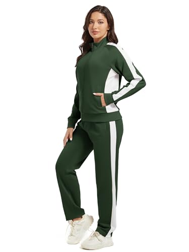 wiebdncj レディース フルジップアップ トラックスーツセット 長袖 カジュアル ジョギングスーツ ワークアウト ジム 2ピース ポケット付き, アーミーグリーン, Mediumの商品画像（Amazon）