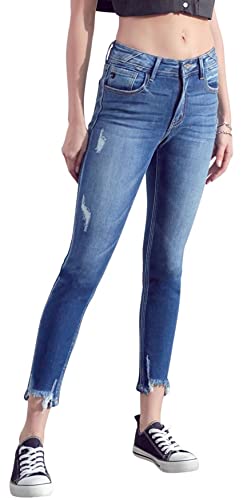 Kan Can Women's Mid Rise Ankle Skinny Jeans (Medium Blue (Rise 9.25