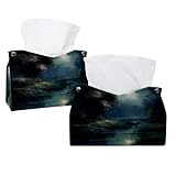 Funda para caja de pañuelos, paquete de 2 dispensadores de pañuelos faciales rectangulares de piel sintética para el hogar, oficina, coche, luz de luna por el lago