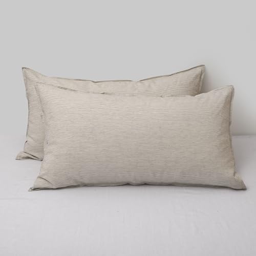 CHUFFED Linen Pillow Cases 2 Pack 100% Linen Pillowcases, Breathable and Cooling Washed King Pillow Shams with Zipper Closure, 20x36 Inches,Grey Stripe
