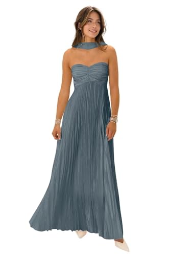 Chiffon Strapless Bridesmaid Dresses for Women Long Pleated Aline Flowy Wedding Party Guest Gowns with Scarf 2026 Size 4 Dusty Blue