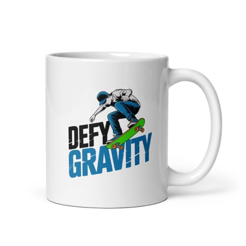 Bubble Gum Tees Skateboarding Coffee Mug | Defy Gravity Design | Premium 11oz Ceramic | Durable & Microwave Safe | Perfect Skater Birthday & Christmas