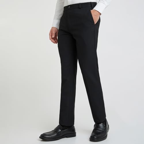 Image of Raymond Men's Mid Rise Slim Fit Stripe Pattern Polyester Blend Flat Front Formal Trouser