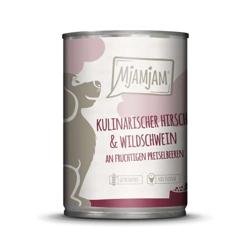 MjAMjAM - Premium Nassfutter für Hunde - kulinarischer Hirsch & Wildschwein an Preiselbeeren, 6er Pack (6 x 400 g), getreidefrei mit extra viel Fleisch