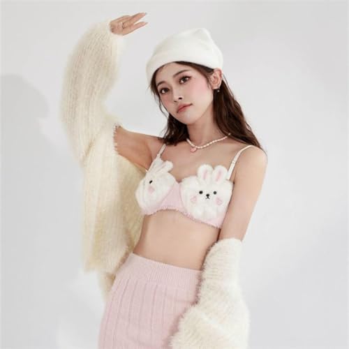 Image of Premium Cute Bunny Plush Bra & Panty Lingerie Set for Women - Imported Soft Fuzzy Rabbit Cartoon Innerwear, Sexy Cozy Teddy Fur Bunny Cosplay Lingerie for Honeymoon Romantic Date
