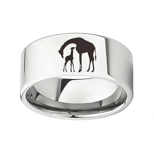 キリンの母と子キリンシルエットチタンスチールリング - 動物シルエットジュエリー、愛と守護の象徴 男女兼用 10mm バンド指輪のサイズ28号(US13)