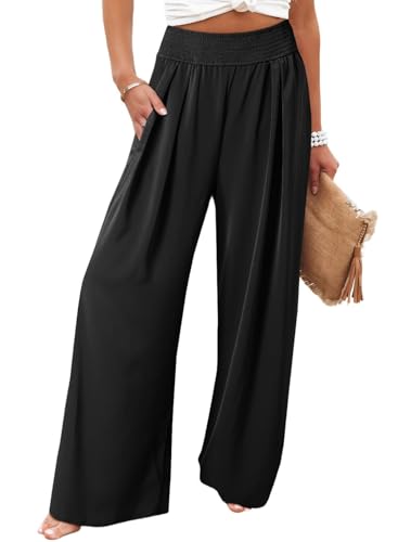 Eytino Women Plus Size Wide Leg Pants Casual Loose Smocked High Waisted Lounge Pajama Palazzo Pants(1X-5X)