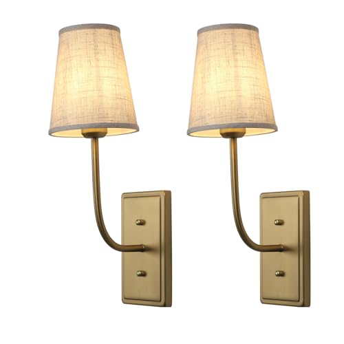 Image of Farmhouse Brass Wall Sconce 1-Light, Linen Fabric Shade Wall Lamp Hardwired Indoor Wall Light for Bedroom Living Room Vanity Bathroom (Linen Cloth 2-Pack)
