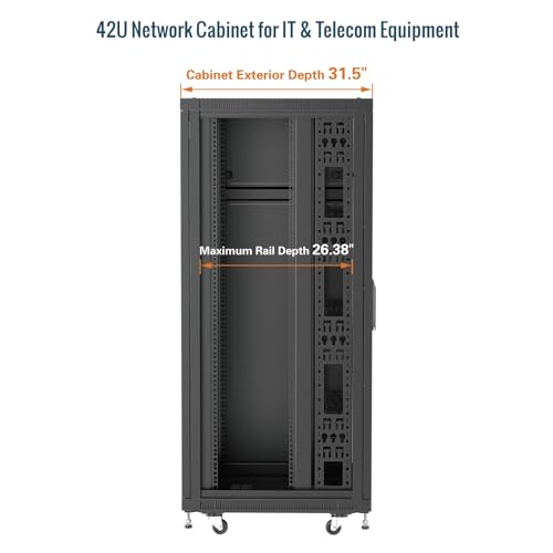 Image of Tecmojo 42U Server Rack Network Cabinet 31.5 inch D x 23.6 inch W, Locking Data Cabinet Enclosure for 19 inch Server, Networking, AV & IT Equipment, Clear Door, Black