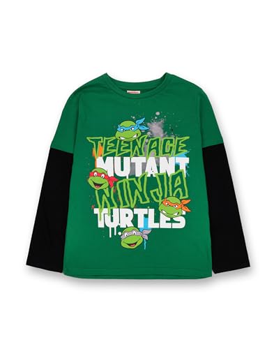 Teenage Mutant Ninja Turtles Boys T-Shirt | Green & Black TMNT Graphic Skater Tee for Kids | Action Ready Comfy Long Sleeve with Short Sleeve Overlay Style Top | Childrens TMNT Movie Merchandise Gift