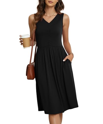 NILOUFO Women Casual Summer Dresses Sleeveless V Neck Flowy Sun Dress with Pockets (B:Black, X-Large)