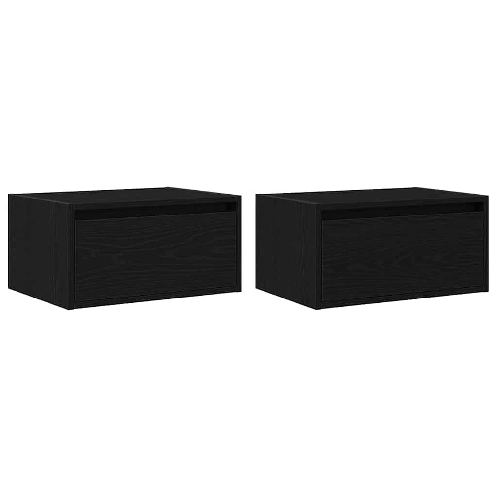 Naścienne stoliki nocne z oświetleniem LED, zestaw 2 szt., czarny wygląd dębu, pływające, materiał drewnopochodny, 51 x 35,5 x 25 cm, do sypialni, salonu