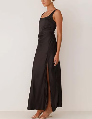 Summer Vacation Satin Maxi Dresses for Women 2025 Square Neck Formal Elegant Ruched Tank Top Wedding Guest Dress with Slit2