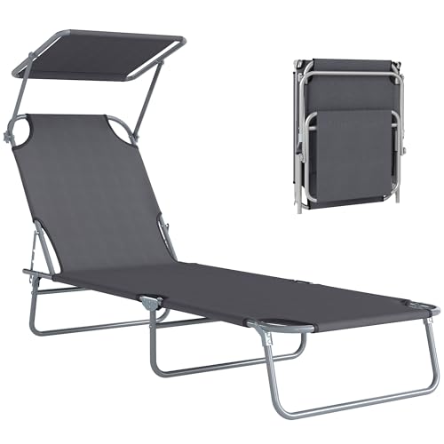 Outsunny Folding Sun Lounger with Canopy, Reclining Sunbed with 4-Position Adjustable Backrest, 600D Oxford Cloth, Portable Garden Lounger Recliner Chair for Beach, Camping, Patio, Grey