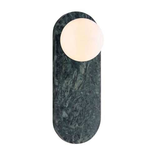 Image of Modern Green Marble Wall Sconce, Natural Stone Wall Lamp with Etched Opal Glass Shade, Mid-Century Minimalist Hardwired Wall Light for Bathroom Vanity, Bedroom, Living Room, Hallway 13.8in