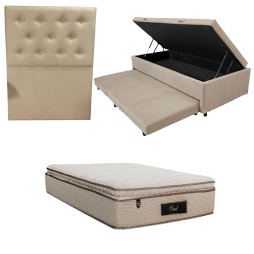 Cama Box Baú Solteiro com Auxiliar (Bicama) + Colchão Cloud Molas Ensacadas C/Pillowtop 32cm | Kit Completo com Cabeceira Botonê Opcional | Diversas Cores (3, SUEDE BEGE, COM CABECEIRA)