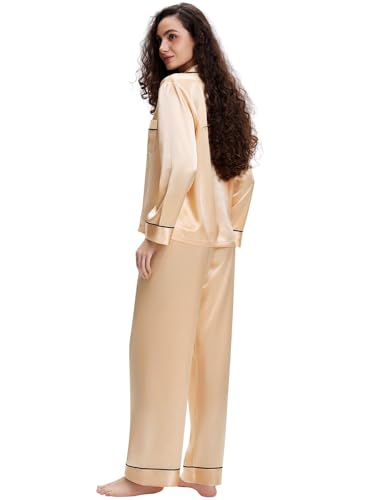 Lonxu Silk Satin Womens Pajama Sets Button Down Sleepwear Loungewear LightYellow 3XL